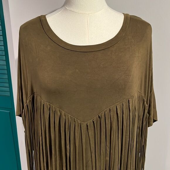 RARE Nordstrom POL army green distressed loose fringe tunic top - S/M - Picture 3 of 7